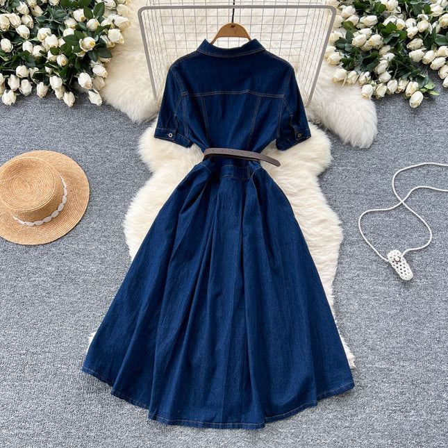 French Vintage Short Sleeve Single Breasted Denim Dresses