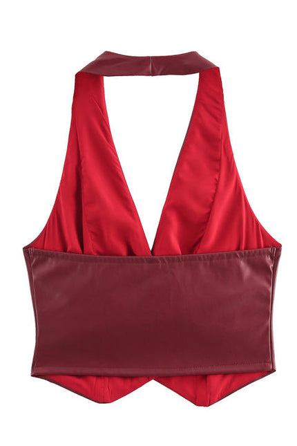 Back Hollow Out Buttons up Halter tank Top Mini Leather Skirt Casual Fashion Women 2 Piece Set