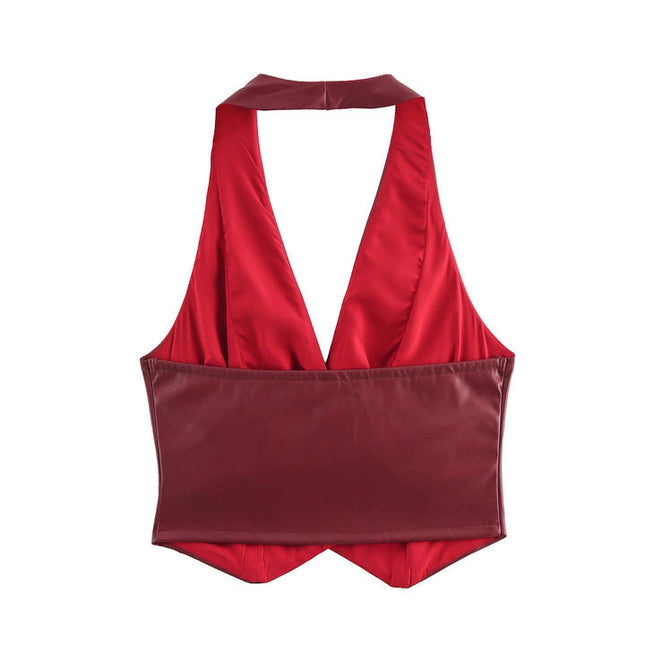 Back Hollow Out Buttons up Halter tank Top Mini Leather Skirt Casual Fashion Women 2 Piece Set
