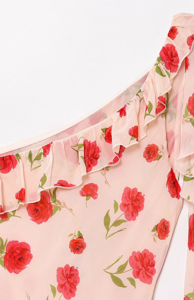 Asymmetrical Design Floral Print pink Color Sashes Casual Fashion Long Dress for Women