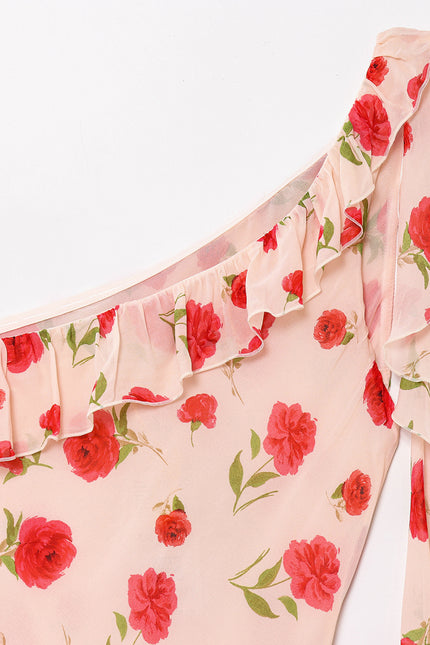 Asymmetrical Design Floral Print pink Color Sashes Casual Fashion Long Dress for Women