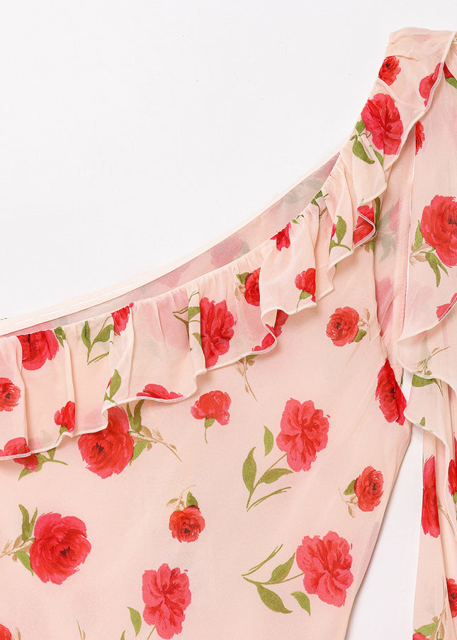 Asymmetrical Design Floral Print pink Color Sashes Casual Fashion Long Dress for Women