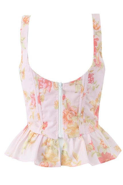 Floral Print Shoulder Strap Front Lace up Casual Fashion Cotton tank Top for Women