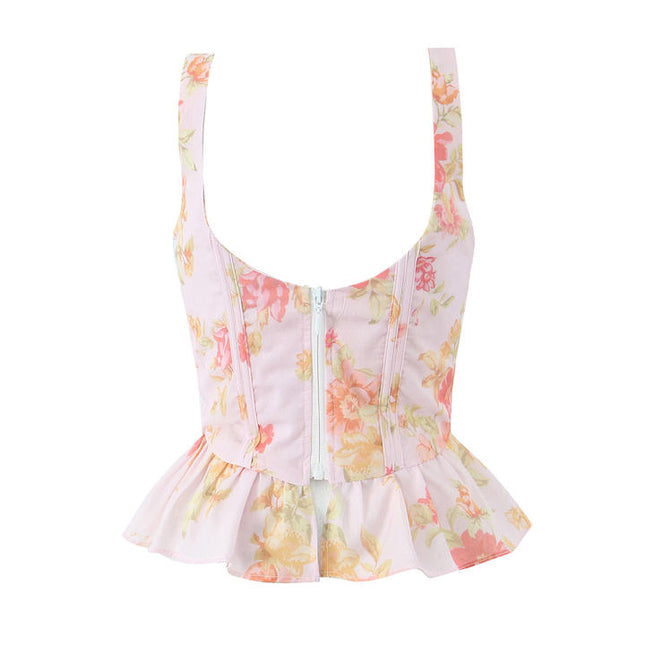 Floral Print Shoulder Strap Front Lace up Casual Fashion Cotton tank Top for Women