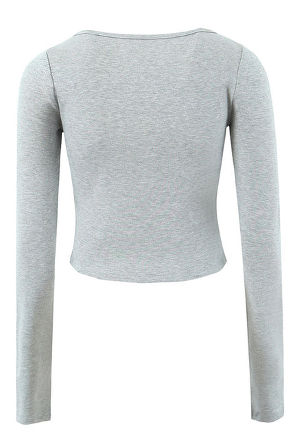 Square Collar Long Sleeve Gray Color Hot Sale Casual Fashion Cotton t Shirt for Women