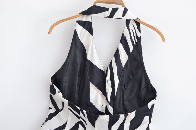 Single Breasted Black White Color Print Back Hollow Out Casual Fashion Halter Vest Waistcoat for Women