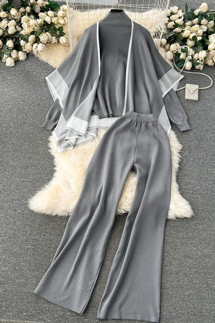 Autumn and Winter Loose and Lazy Style Cape Coat High Neck Pullover Knitted Sweater Casual Wide Leg Pants Three Piece Set