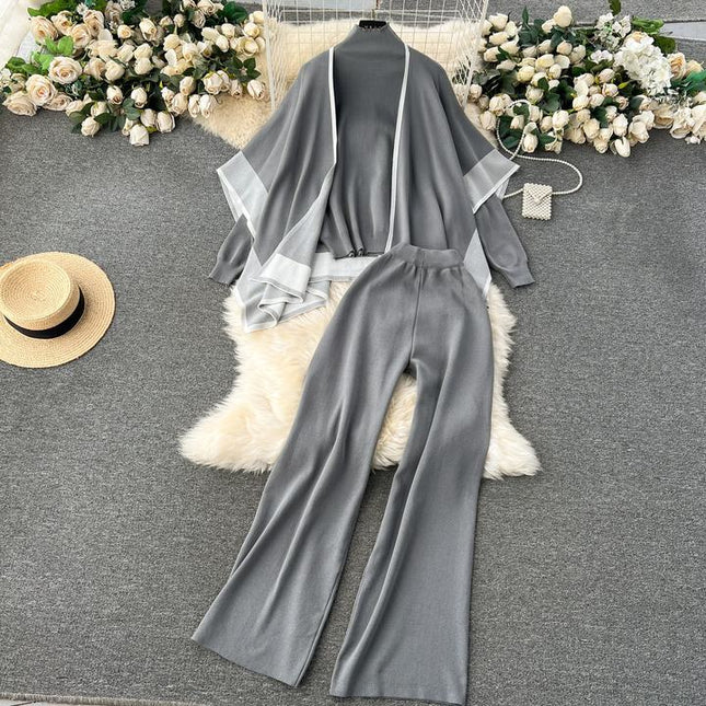 Autumn and Winter Loose and Lazy Style Cape Coat High Neck Pullover Knitted Sweater Casual Wide Leg Pants Three Piece Set