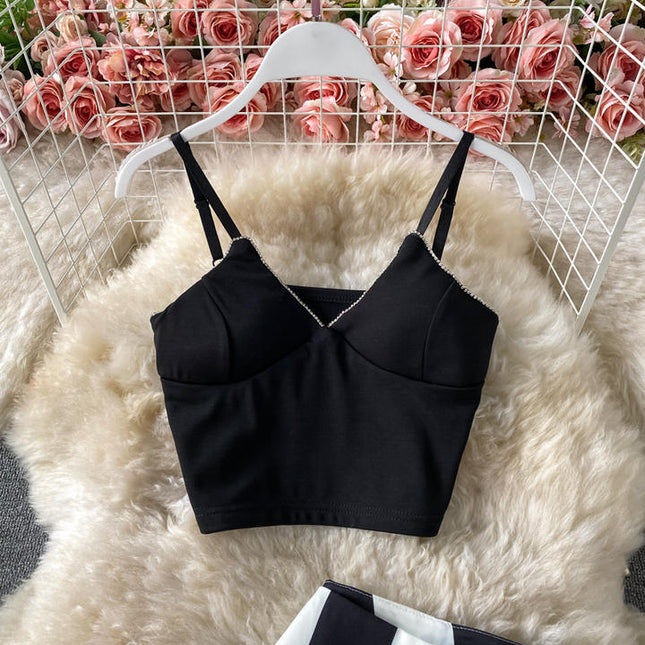 Women Summer Design Set Sexy Sleeveless Short Strap Tops High Waist Long Flare Pants Two Piece Suits