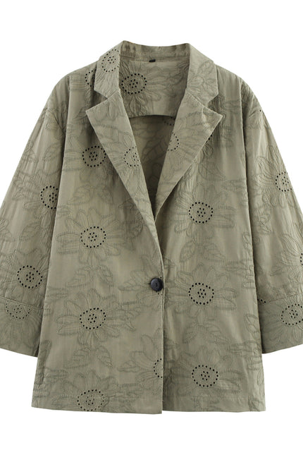 Embroidery Green Color Three Quarter Sleeve Single Buttons Notched Collar Casual Fashion blazer Jacket for Women