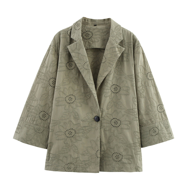 Embroidery Green Color Three Quarter Sleeve Single Buttons Notched Collar Casual Fashion blazer Jacket for Women