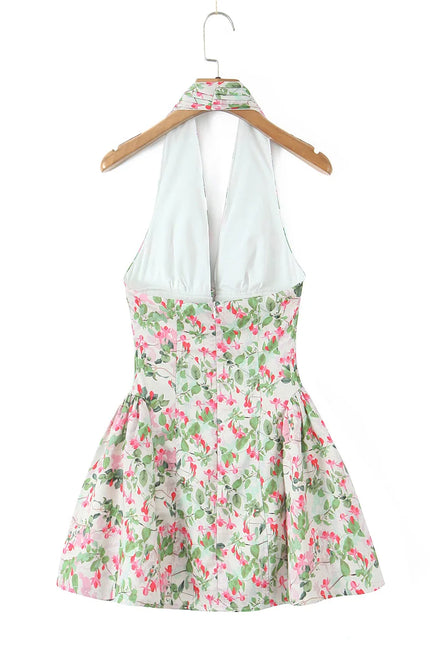 2 Colorway Back Hollow Out Floral Print Sleeveless Causal Fashion Summer Mini Halter Dress for Women