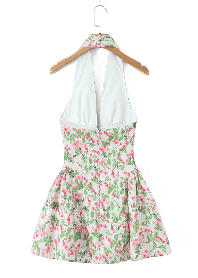 2 Colorway Back Hollow Out Floral Print Sleeveless Causal Fashion Summer Mini Halter Dress for Women