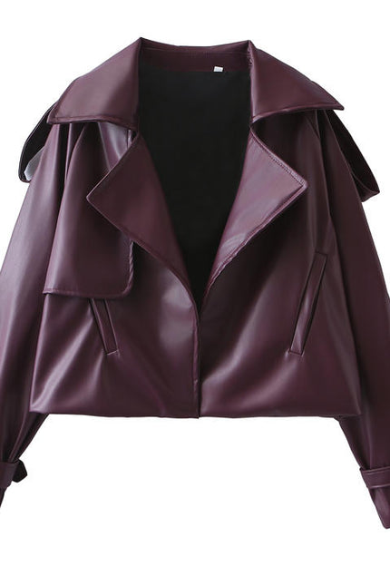 Notched Collar Burgundy Color Long Sleeve Notched Collar Casual Fashion Leather Biker Jacket for Women