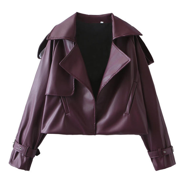 Notched Collar Burgundy Color Long Sleeve Notched Collar Casual Fashion Leather Biker Jacket for Women