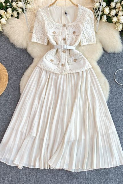 French Women Exquisite Square Neck Lace Patchwork Pleated Long Gown Elegant Casual Dress