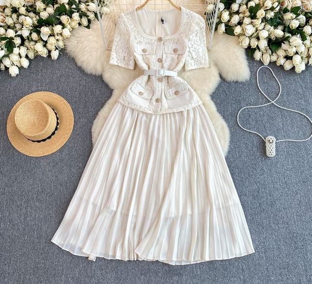 French Women Exquisite Square Neck Lace Patchwork Pleated Long Gown Elegant Casual Dress