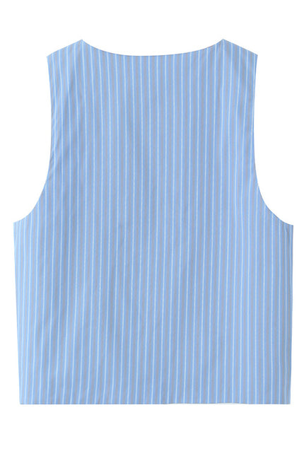 Crew Neck Striped Print Blue Color Buttons up Casual Fashion Vest Waistcoat for Women