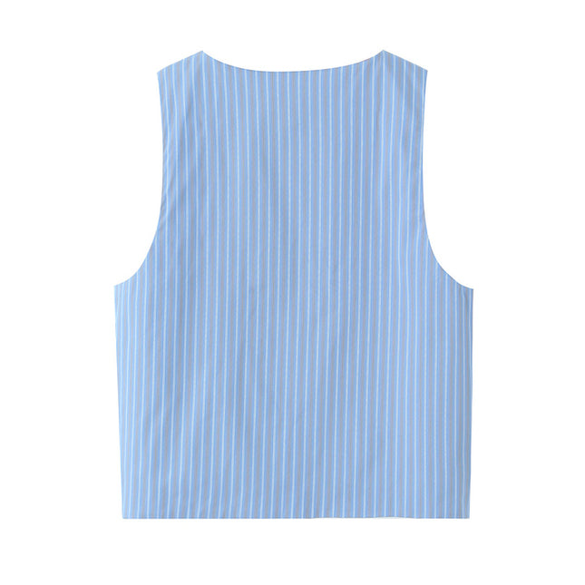 Crew Neck Striped Print Blue Color Buttons up Casual Fashion Vest Waistcoat for Women