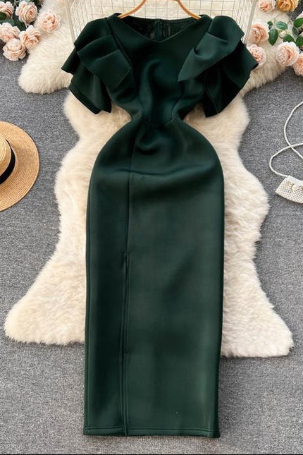 Summer New Crew Neck Ruffled Short Sleeve Package Hip Split Evening Dress Dresses