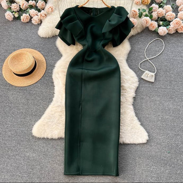 Summer New Crew Neck Ruffled Short Sleeve Package Hip Split Evening Dress Dresses