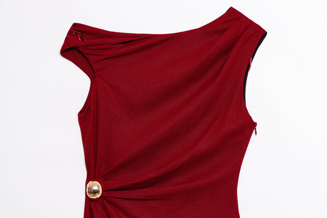 Crew Neck Sleeveless Red Color Front Pleated Beading Casual Fashion Long Dress for Women