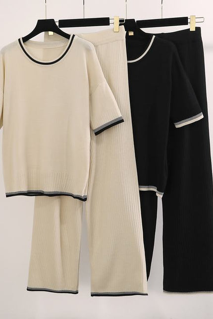 Fashionable Round Neck Short Sleeved Knitted Sweater High Waist Drooping Feeling Long Pants Pit Stripe Knit Two-Piece Set