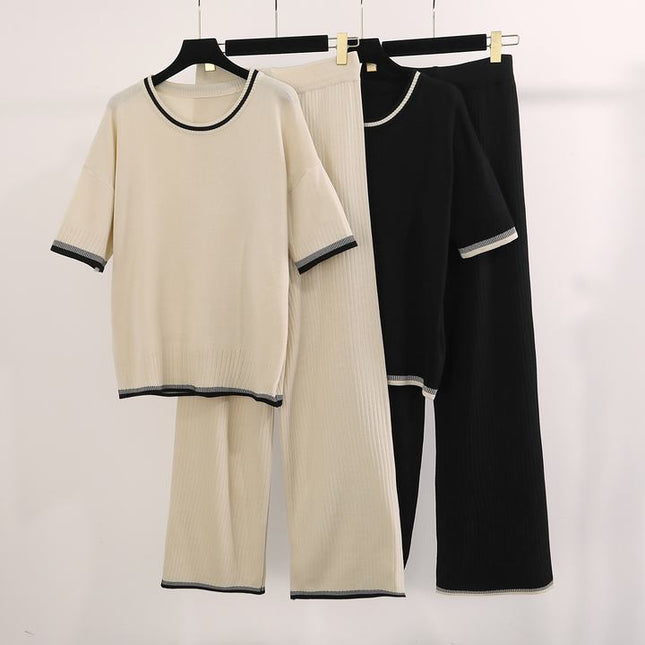 Fashionable Round Neck Short Sleeved Knitted Sweater High Waist Drooping Feeling Long Pants Pit Stripe Knit Two-Piece Set