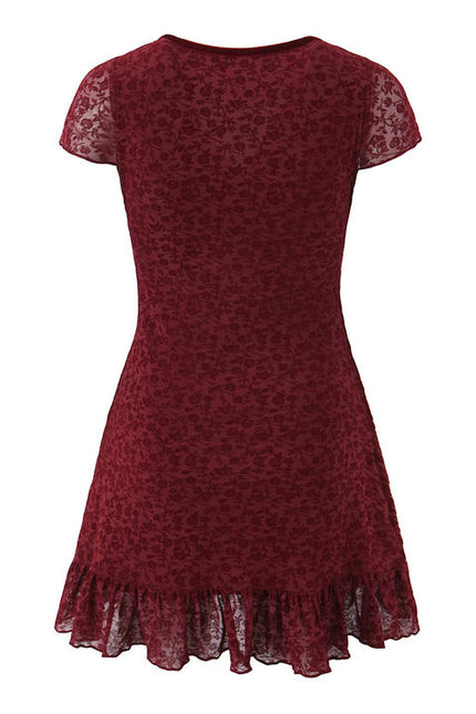 V Neck Red Color Short Sleeve Front Bow Tie Casual Fashion Mini Summer Dress for Women