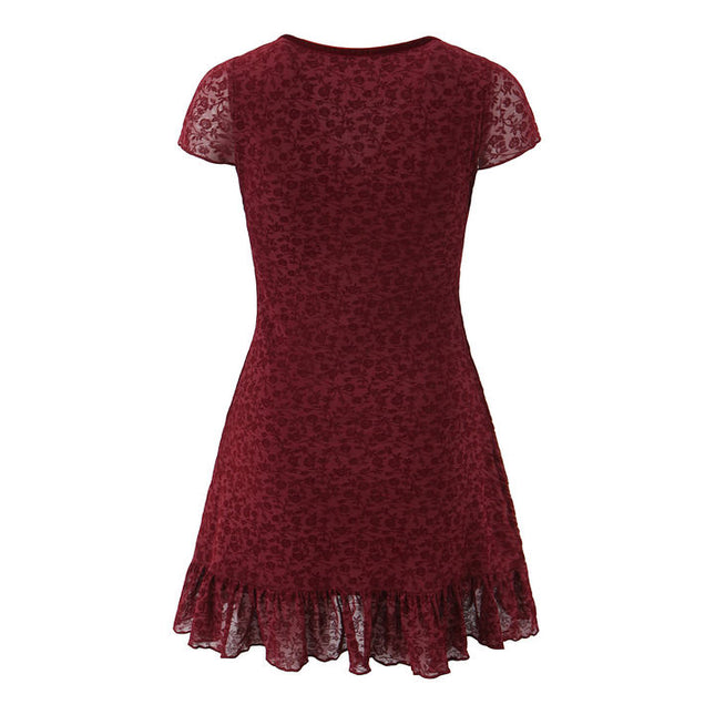 V Neck Red Color Short Sleeve Front Bow Tie Casual Fashion Mini Summer Dress for Women