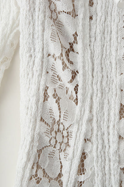 Slash Neck Long Sleeve Floral Lace White Color Casual Fashion Mini Dress for Women