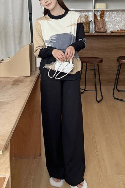 Round Neck Contrasting Color Autumn and Winter New Casual Loose Slimming Wide Leg Pants Knitted Two-piece Set for Women