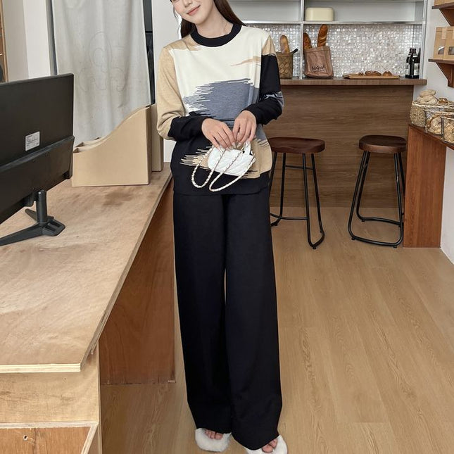 Round Neck Contrasting Color Autumn and Winter New Casual Loose Slimming Wide Leg Pants Knitted Two-piece Set for Women