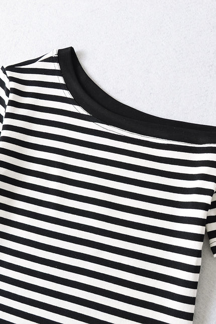 4 Colorway Asymmetrical Design Short Sleeve Striped Print Casual Fashion Summer Women t Shirt
