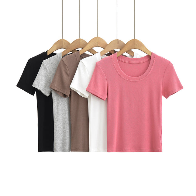 5 Colorway Crew Neck Short Sleeve Solid Color Knitted Casual Fashion Women's T-shirt