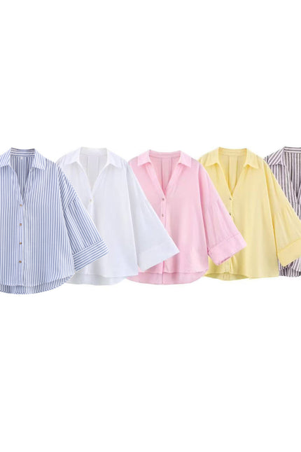 5 Colorway Buttons up Turn Down Collar Long Sleeve Casual Fashion Tops Blouse for Women