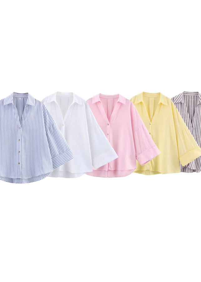 5 Colorway Buttons up Turn Down Collar Long Sleeve Casual Fashion Tops Blouse for Women