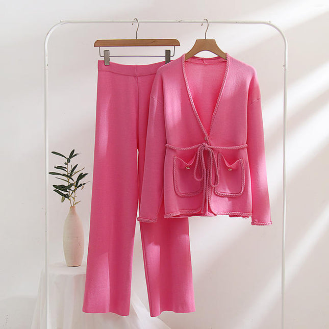 Soiling High Quality Winter Autumn Knitted Solid Color Long Sleeve V Neck H Type 2 Piece Set Women Sweater Suit
