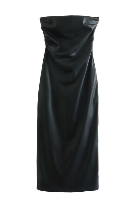 Strapless Black Color Zipper Fly Hot Sale Casual Fashion PU Leather Dress for Women