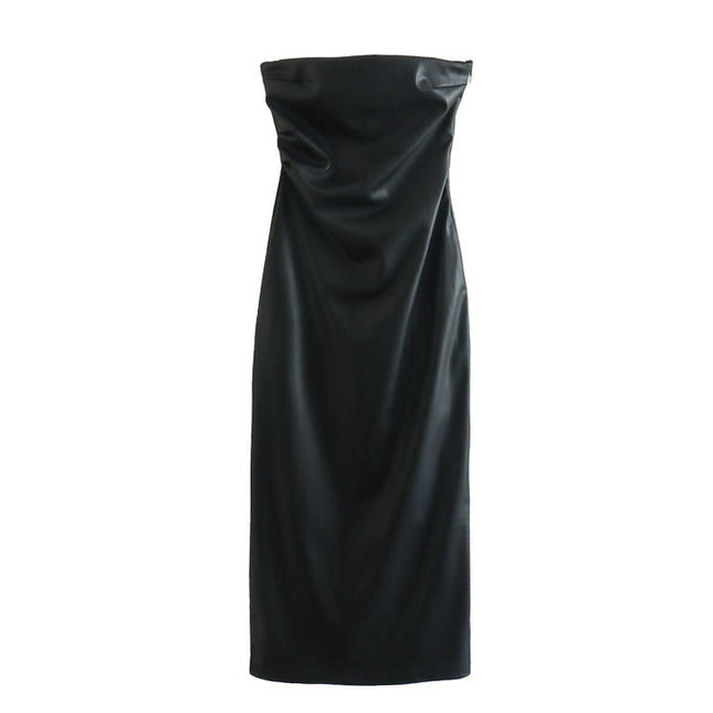Strapless Black Color Zipper Fly Hot Sale Casual Fashion PU Leather Dress for Women