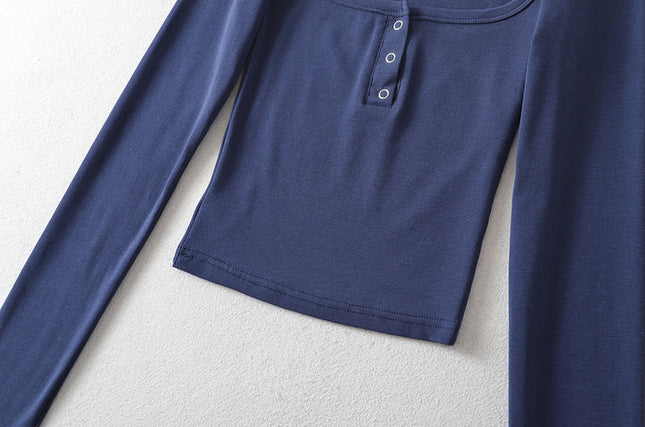 6 Colorway Solid Color square Collar Long Sleeve Casual Fashion Women t Shirt