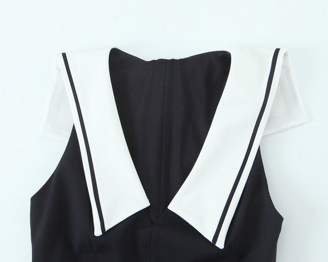 Turn Down Collar Black Color Sleeveless Casual Fashion Summer Mini Dress for Women