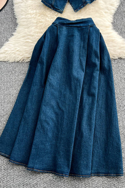 Set of Women's Summer Light Mature Style Pleated Waist Denim Top+high Waist Slimming Skirt