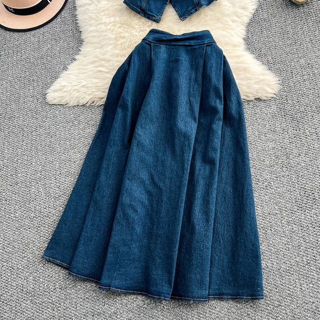 Set of Women's Summer Light Mature Style Pleated Waist Denim Top+high Waist Slimming Skirt