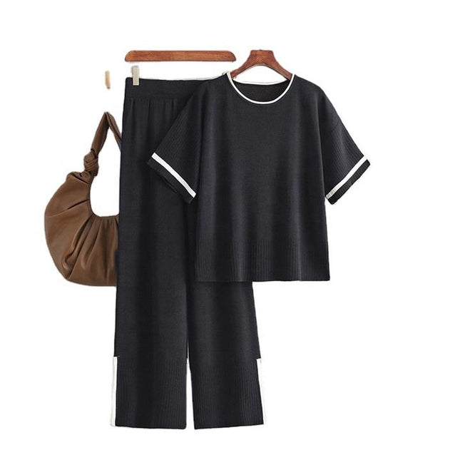 Women's New Fashion Casual Suit Color Contrast Short Sleeve Wide Leg Pants Long Pants Slit Two-piece Set