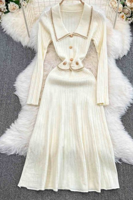 Mulheres Outono Inverno Com Comprimento Médio Vintage Doll Collar Cintura Slimming Knit Dress