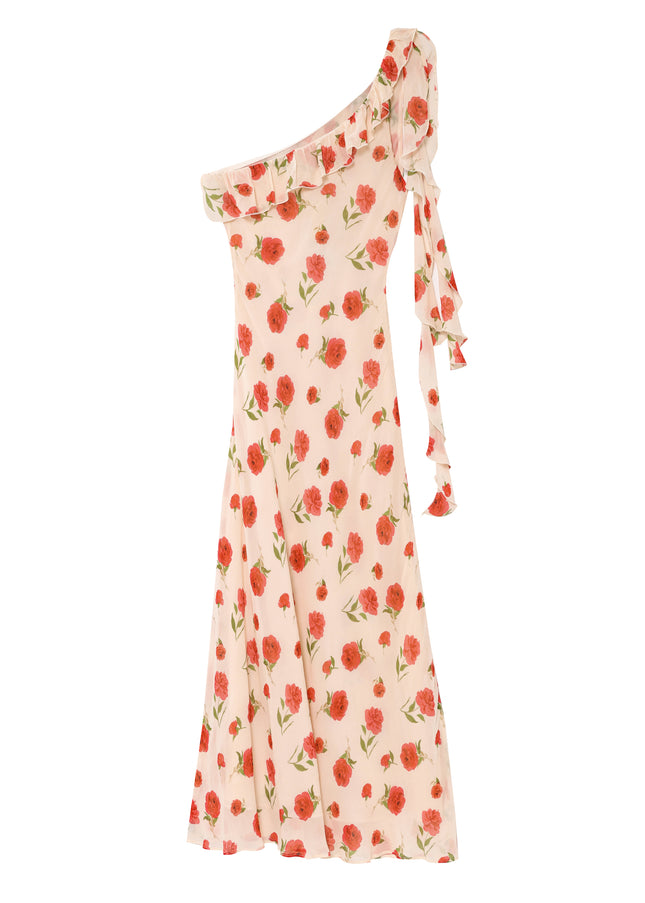Asymmetrical Design Floral Print pink Color Sashes Casual Fashion Long Dress for Women