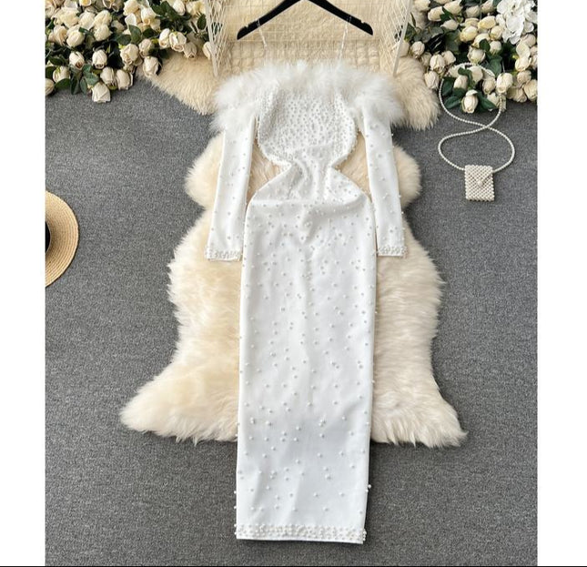 White Black Long Sleeve Strapless Beaded Gowns Women's Party Dresses