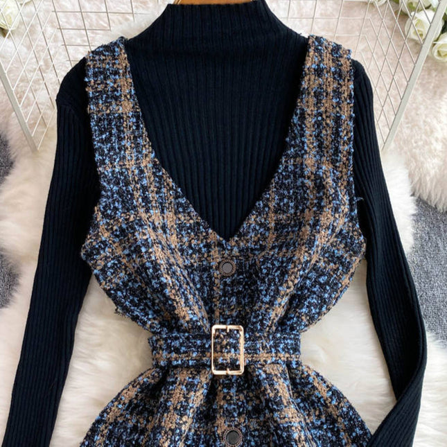 Outono Inverno Malha Top De Lã Elegante Moda Checkered Halter Vestido Conjunto De Duas Peças