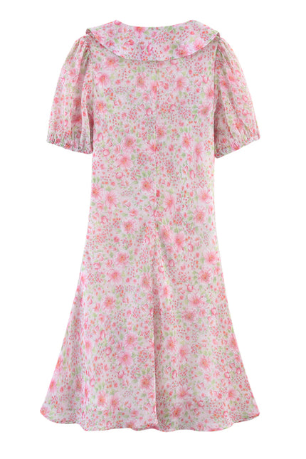 V Neck Floral Print Short Sleeve pink Color Lace up Casual Fashion Summer Mini Dress for Women